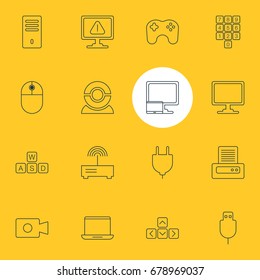 Vector Illustration Of 16 Notebook Icons. Editable Pack Of Printer, Serial Bus, Cursor Manipulator And Other Elements.
