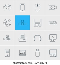 Vector Illustration Of 16 Notebook Icons. Editable Pack Of Printer, Keyboard, Smartphone And Other Elements.