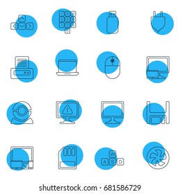 Vector Illustration Of 16 Notebook Icons. Editable Pack Of Screen, Notebook, Gadgets And Other Elements.