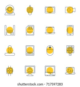Vector Illustration Of 16 Notebook Icons. Editable Pack Of Warning, Diskette, Storage And Other Elements.