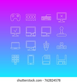 Vector Illustration Of 16 Notebook Outline Icons. Editable Set Of Gadgets, Number Keypad, Game Controller And Other Elements.