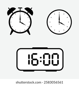 vector illustration of 16 o'clock, timer and 16 o'clock alarm