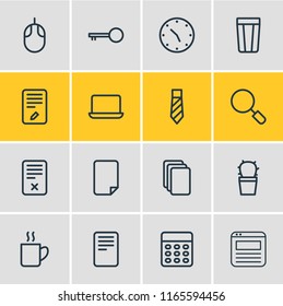 Vector illustration of 16 office icons line style. Editable set of search, data, computer mouse and other icon elements.