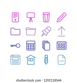 Vector illustration of 16 office icons line style. Editable set of page, presentation, calendar and other icon elements.