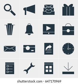 Vector Illustration Of 16 Online Icons. Editable Pack Of Play Button, Notification, Settings And Other Elements.