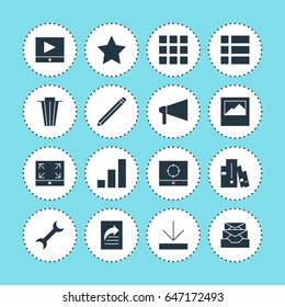 Vector Illustration Of 16 Online Icons. Editable Pack Of Landscape Photo, List, Document Transfer Elements.