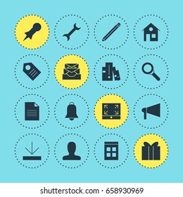Vector Illustration Of 16 Online Icons. Editable Pack Of House, Thumbtack, Bookshelf And Other Elements.