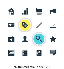 Vector Illustration Of 16 Online Icons. Editable Pack Of Coupon, Bookmark, Trolley And Other Elements.