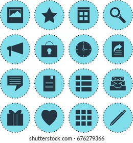 Vector Illustration Of 16 Online Icons. Editable Pack Of Grid, Magnifier, Date Time And Other Elements.
