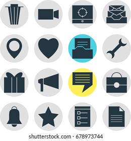 Vector Illustration Of 16 Online Icons. Editable Pack Of Target Scope, Love, Chat And Other Elements.