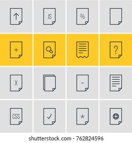 Vector Illustration Of 16 Page Outline Icons. Editable Set Of Script, Search, Document And Other Elements.