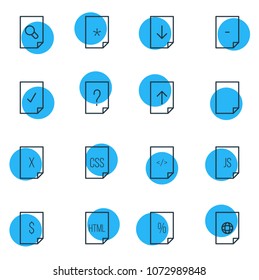 Vector illustration of 16 paper icons line style. Editable set of download, code, remove and other icon elements.