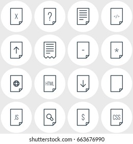 Vector Illustration Of 16 Paper Icons. Editable Pack Of Code, Basic, Script And Other Elements.