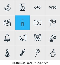 Vector illustration of 16 party icons line style. Editable set of piece of cake, wineglass, kiss and other icon elements.