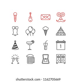 Vector illustration of 16 party icons line style. Editable set of wineglasses, sorbet, mustache and other icon elements.