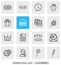 Vector illustration of 16 party icons line style. Editable set of singing man, happy people, disco ball and other icon elements.