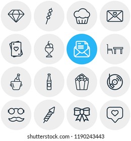 Vector illustration of 16 party icons line style. Editable set of dj music, ice cream bowl, marshmallow and other icon elements.