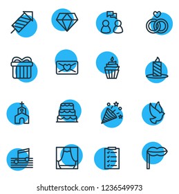 Vector illustration of 16 party icons line style. Editable set of music, dove, fireworks and other icon elements.