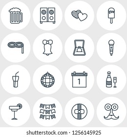 Vector illustration of 16 party icons line style. Editable set of carnaval mask, present, disco sphere and other icon elements.