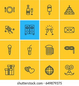 Vector Illustration Of 16 Party Icons. Editable Pack Of Soul, Man Style, Karaoke And Other Elements.