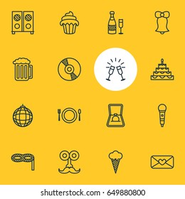Vector Illustration Of 16 Party Icons. Editable Pack Of Man Style, Engagement, Cutlery And Other Elements.