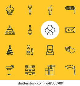 Vector Illustration Of 16 Party Icons. Editable Pack Of Present, Patisserie, Cap And Other Elements.