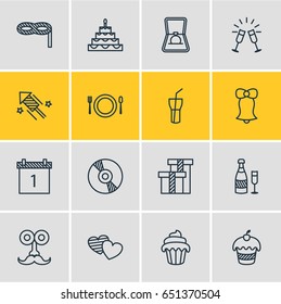 Vector Illustration Of 16 Party Icons. Editable Pack Of Goblet, Compact Disk, Present And Other Elements.