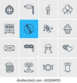 Vector Illustration Of 16 Party Icons. Editable Pack Of Soul, Cutlery, Nightclub Ball And Other Elements.