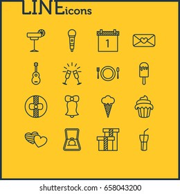 Vector Illustration Of 16 Party Icons. Editable Pack Of Engagement, Date Block, Karaoke And Other Elements.