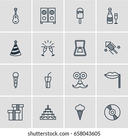 Vector Illustration Of 16 Party Icons. Editable Pack Of Engagement, Present, Patisserie And Other Elements.