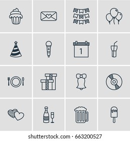 Vector Illustration Of 16 Party Icons. Editable Pack Of Soul, Decoration, Date Block And Other Elements.