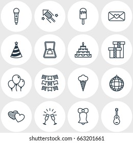 Vector Illustration Of 16 Party Icons. Editable Pack Of Heart Letter, Engagement, Soul And Other Elements.