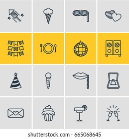 Vector Illustration Of 16 Party Icons. Editable Pack Of Cupcake, Karaoke, Carnaval Mask And Other Elements.