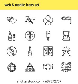 Vector Illustration Of 16 Party Icons. Editable Pack Of Speaker, Engagement, Goblet And Other Elements.