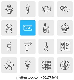 Vector Illustration Of 16 Party Icons. Editable Pack Of Karaoke, Muffin, Speaker And Other Elements.