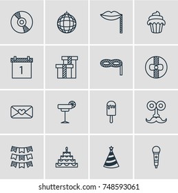 Vector Illustration Of 16 Party Icons. Editable Pack Of Cupcake, Sundae, Gift And Other Elements.