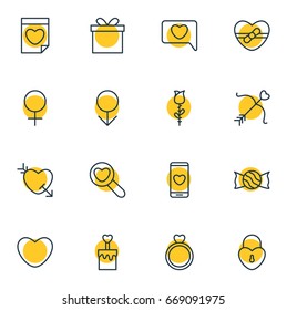 Vector Illustration Of 16 Passion Icons. Editable Pack Of Messenger, Engagement, Gift And Other Elements.