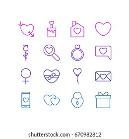 Vector Illustration Of 16 Passion Icons. Editable Pack Of Arrow, Engagement, Lock And Other Elements.