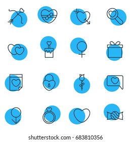 Vector Illustration Of 16 Passion Icons. Editable Pack Of Cupid, Arrow, Present And Other Elements.