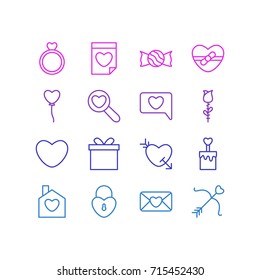 Vector Illustration Of 16 Passion Icons. Editable Pack Of Present, Invitation, Home And Other Elements.