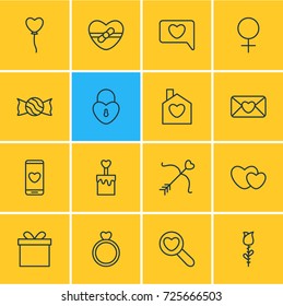 Vector Illustration Of 16 Passion Icons. Editable Pack Of Present, Rose, Messenger And Other Elements.