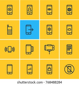 Vector Illustration Of 16 Phone Outline Icons. Editable Set Of Meteorology, Location, Internet And Other Elements.