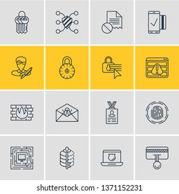 Vector illustration of 16 privacy icons line style. Editable set of author rights, antivirus, damaged file and other icon elements.