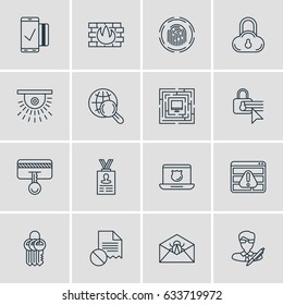 Vector Illustration Of 16 Protection Icons. Editable Pack Of Copyright, Account Data, Key Collection And Other Elements.
