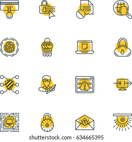 Vector Illustration Of 16 Protection Icons. Editable Pack Of Camera, Send Information, System Security And Other Elements.