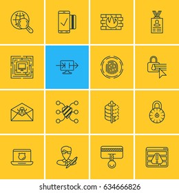 Vector Illustration Of 16 Protection Icons. Editable Pack Of Encoder, Internet Surfing, Finger Identifier And Other Elements.