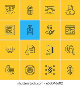 Vector Illustration Of 16 Protection Icons. Editable Pack Of Finger Identifier, Account Data, Camera And Other Elements.