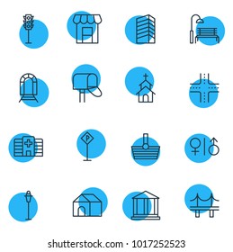 Vector illustration of 16 public icons line style. Editable set of church, crossroad, wc and other icon elements.