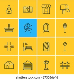 Vector Illustration Of 16 Public Icons. Editable Pack Of Parking, Semaphore, Ferris Wheel And Other Elements.