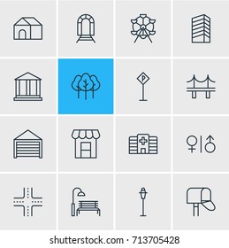 Vector Illustration Of 16 Public Icons. Editable Pack Of Forest, Lamppost, Ferris Wheel And Other Elements.